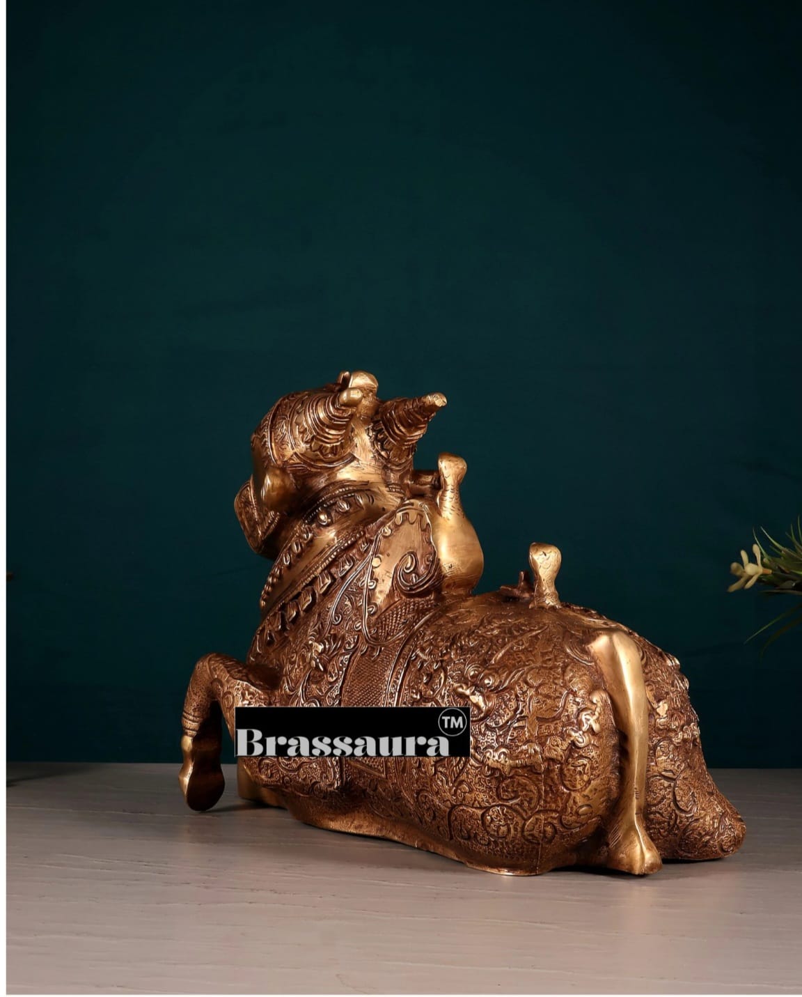 Brassaura™ Pure Brass Nandi Fully Carved Statue with Three Shivling – Height 8 Inches, Weight 5.5 Kgs | Matte Gold Finish Large Nandi