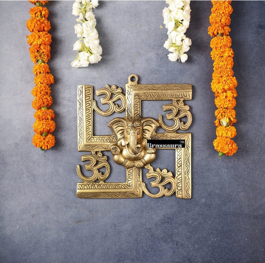 Brassaura® Brass Swastik Wall Hanging with Lord Ganesha – Height 8.5 Inches