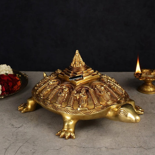 Brassaura® Brass Dashavatara Vishnu Statue with Shree Yantra & Vastu Tortoise – Height 6" & Weight 4 Kgs | Gold Finish