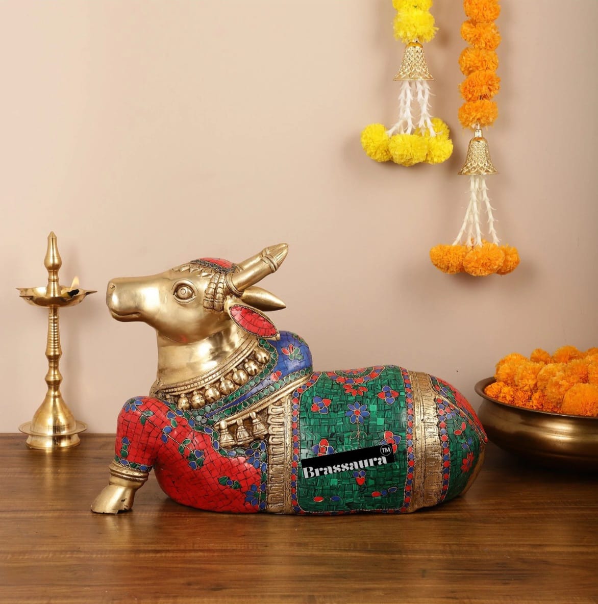 Brassaura™ Brass Nandi Idol with Stonework – Height 13.5 Inches & Weight 20 Kgs | Traditional Temple Decor