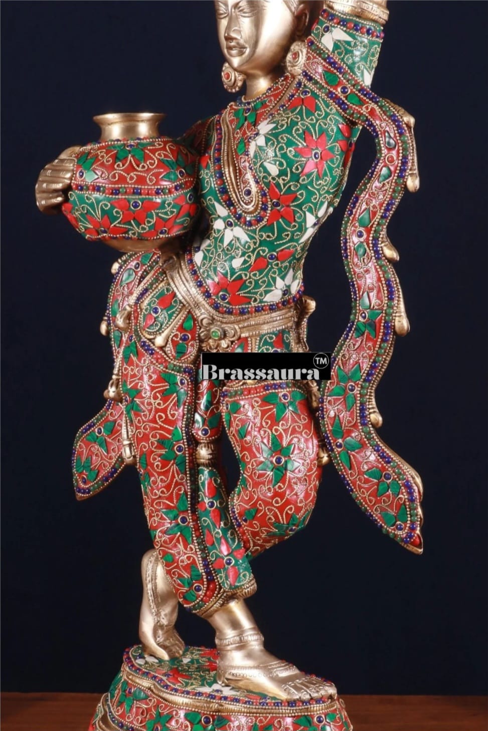 Brassaura™ Pure Brass Krishna’s Gopi with Butter Pots Statue – Height 27.2 Inches & Weight 15 Kgs | Meenakari Work Home & Temple Décor