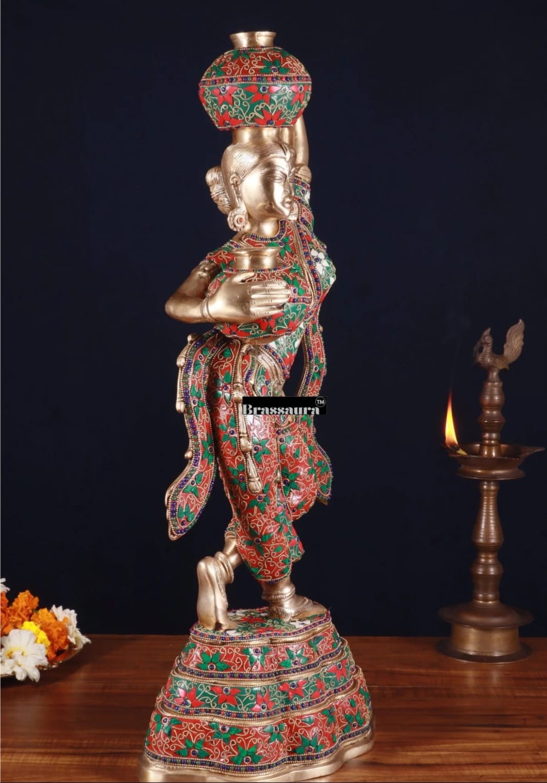 Brassaura™ Pure Brass Krishna’s Gopi with Butter Pots Statue – Height 27.2 Inches & Weight 15 Kgs | Meenakari Work Home & Temple Décor