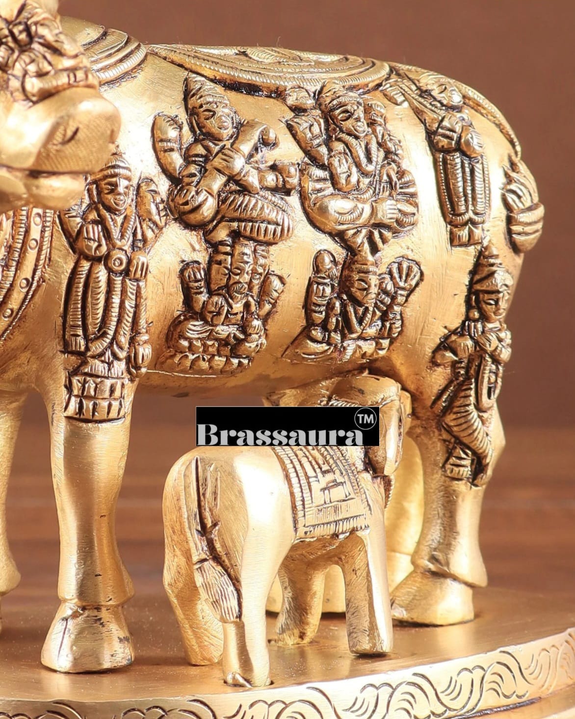 Brassaura™ Engraved Brass Kamdhenu Statue – Height 5" | Weight 2 Kgs