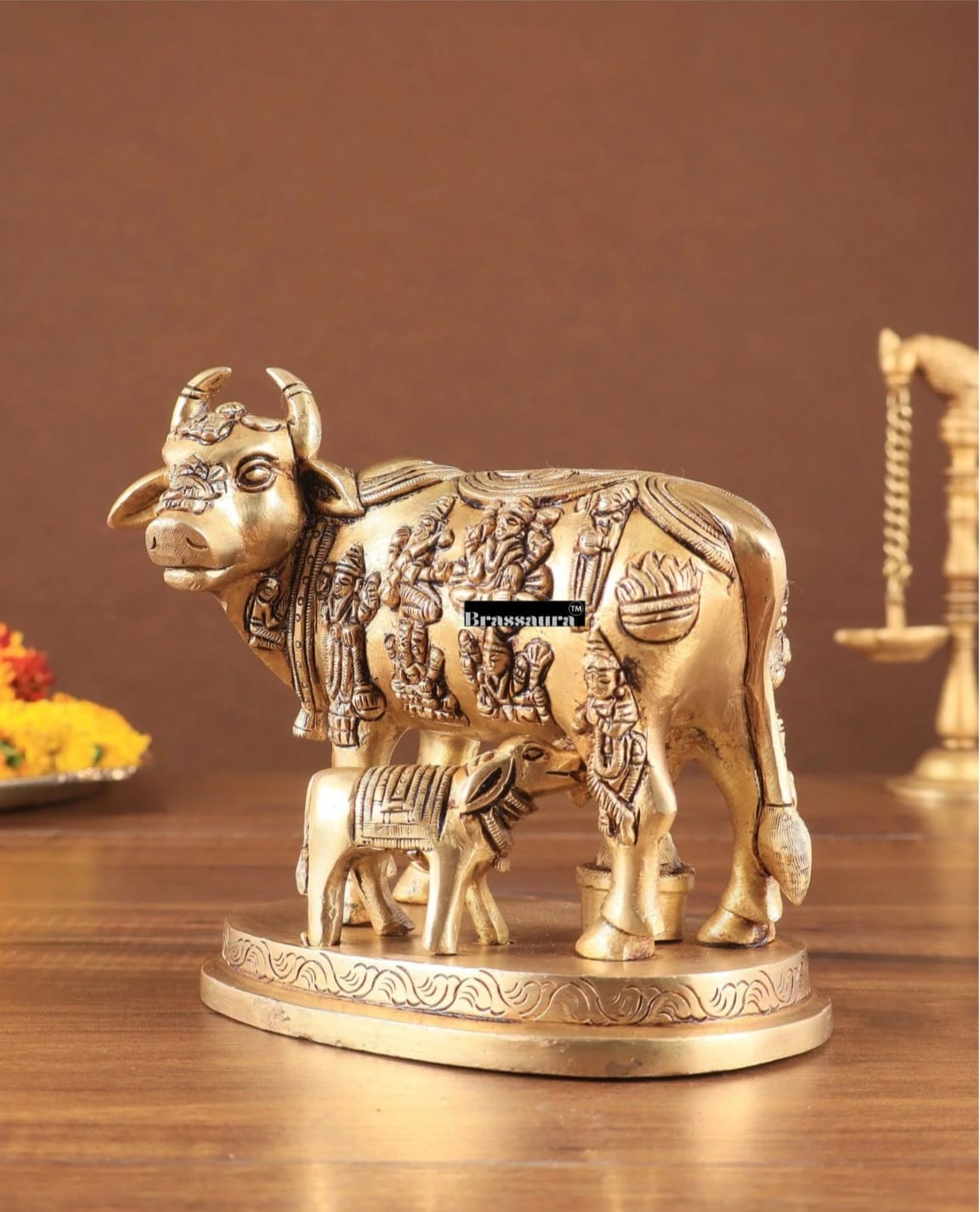Brassaura™ Engraved Brass Kamdhenu Statue – Height 5" | Weight 2 Kgs
