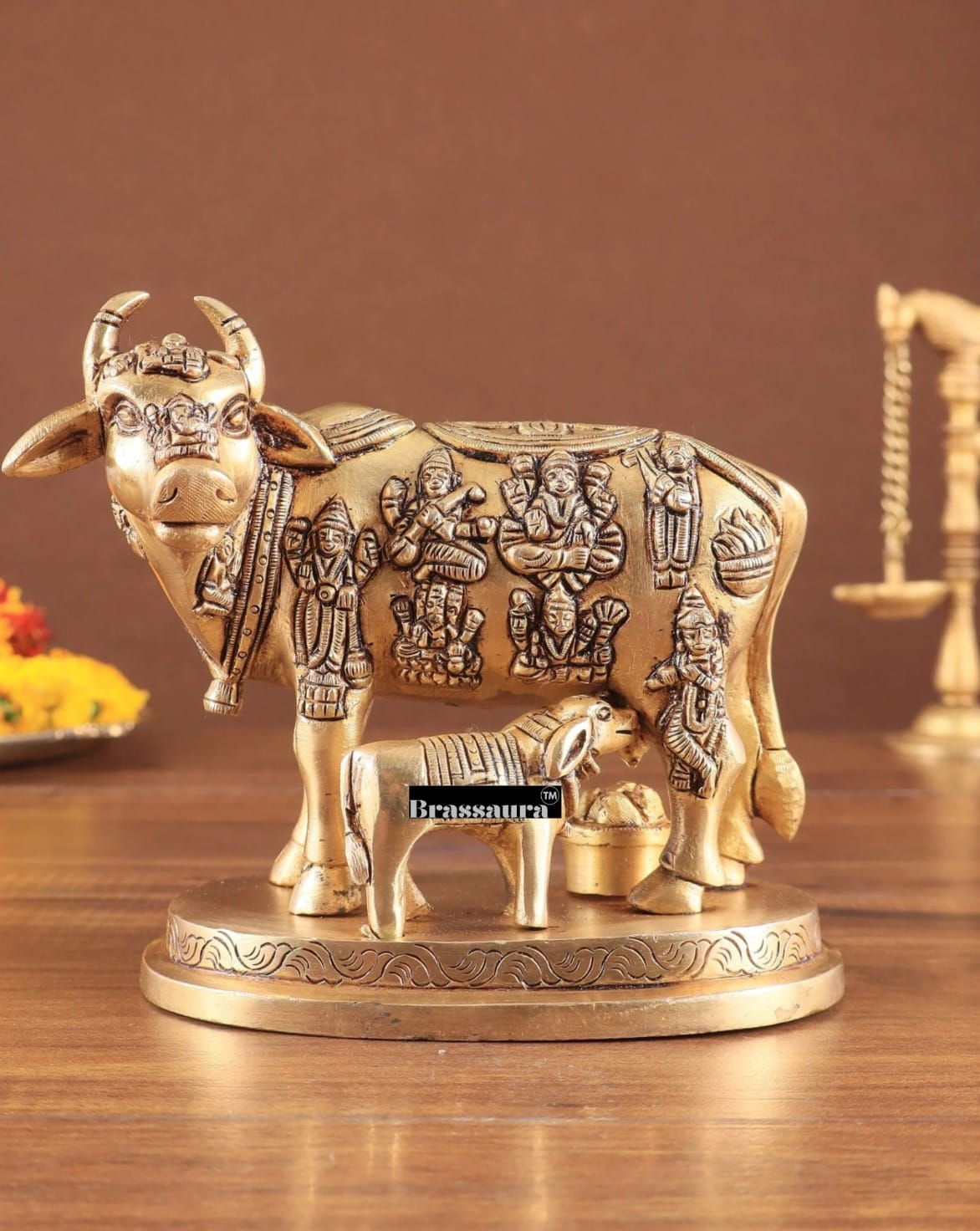 Brassaura™ Engraved Brass Kamdhenu Statue – Height 5" | Weight 2 Kgs
