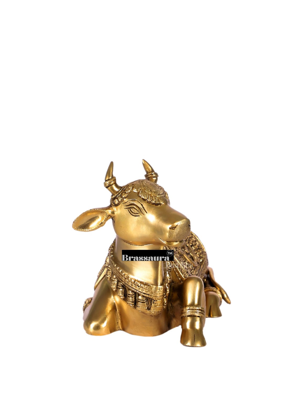 Brassaura™ Handcrafted Brass Nandi Statue with Sacred Symbols – Height 7.5 Inches & Weight 7 Kgs | Traditional Temple Idol