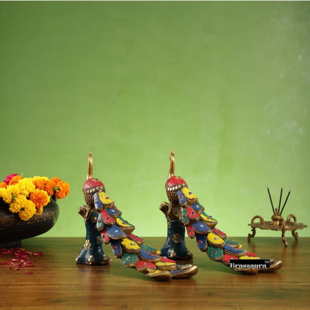Brassaura™ Brass Peacock Table Accent Pair with Meenakari Stonework – Height 8.5 Inches Each & Total Weight 5 Kgs