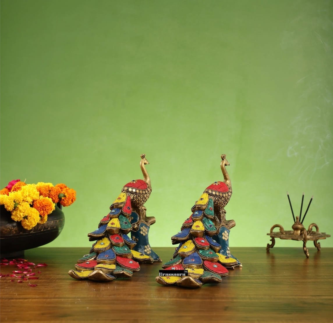 Brassaura™ Brass Peacock Table Accent Pair with Meenakari Stonework – Height 8.5 Inches Each & Total Weight 5 Kgs