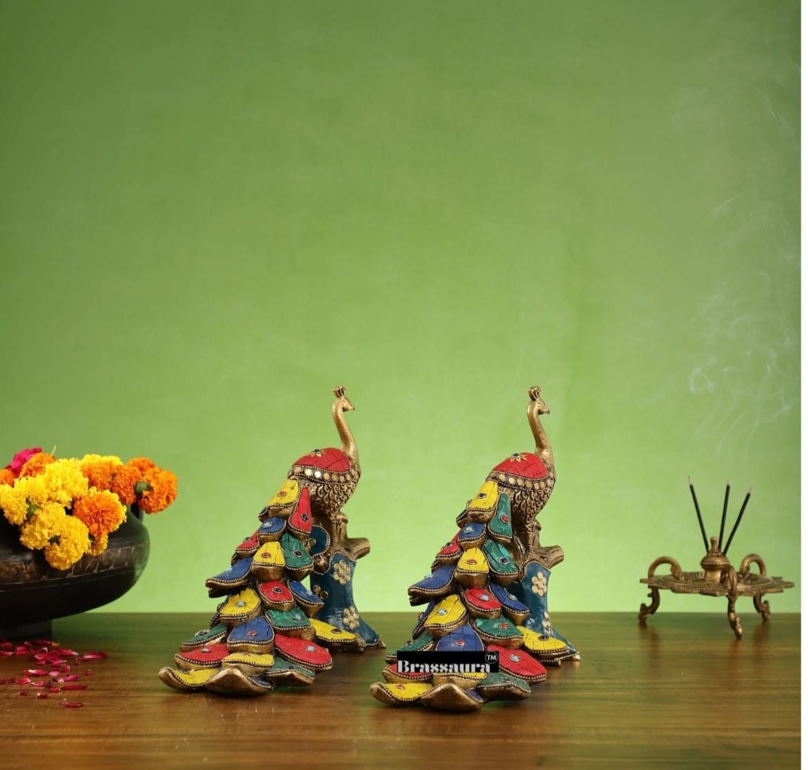 Brassaura™ Brass Peacock Table Accent Pair with Meenakari Stonework – Height 8.5 Inches Each & Total Weight 5 Kgs