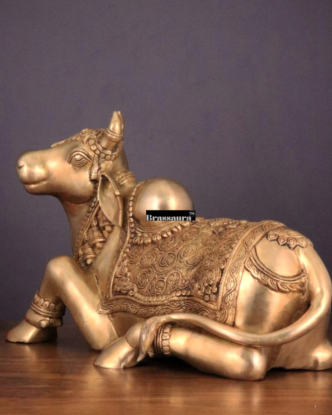 Brassaura™ Handcrafted Brass Nandi Idol – Height 14.5 Inches & Weight 20 Kgs | Vintage Patina Finish