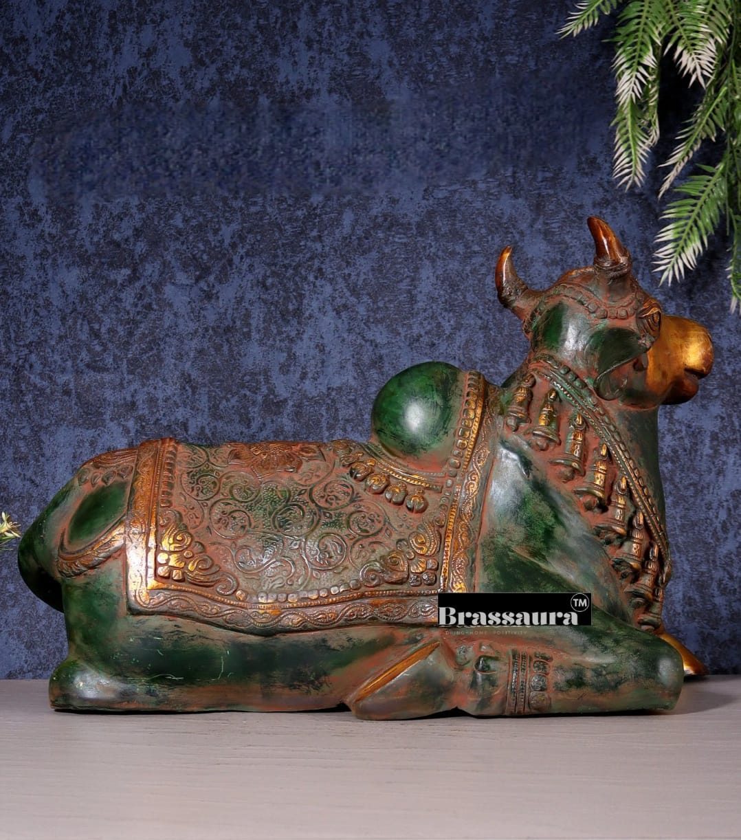 Brassaura™ Handcrafted Brass Nandi Idol – Height 14.5 Inches & Weight 20 Kgs | Vintage Green & Red Patina Finish