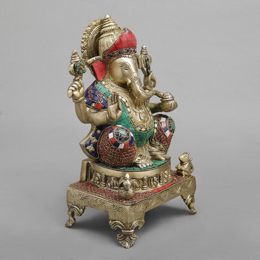 Brass Ganesha statues with stone inlay work 12 inches