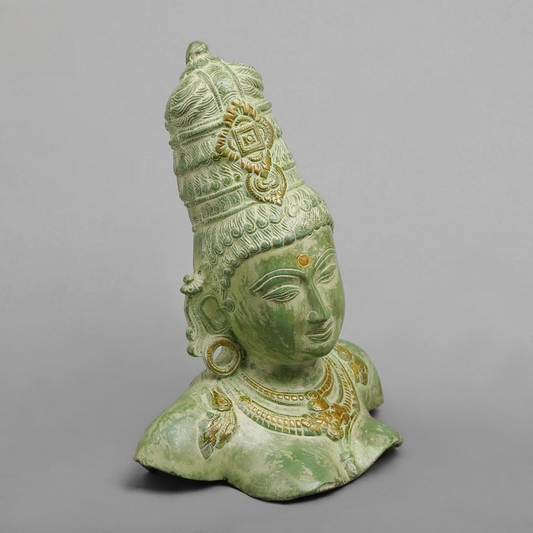 Estátua Artesanal de Latão Cabeça de Parvati Acabamento Verde 30 cm