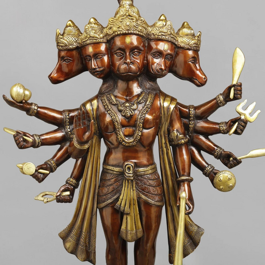 Brassaura® Panchamukhi Hanuman Standing Idol with Polished Brown & Golden Finish | Pure Superfine Brass Handcrafted Murti | Brass Statue | Height 30 Inches | Weight 26 Kgs