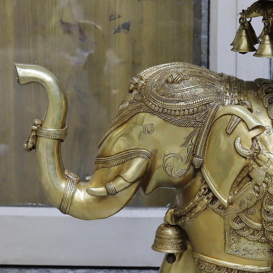 Brassaura® Brass Decorative Elephant Urli with Hanging Bells | Handcrafted Elephant Bowl for Floating Flowers & Home Décor | Height 31 Inches | Weight 55 Kgs