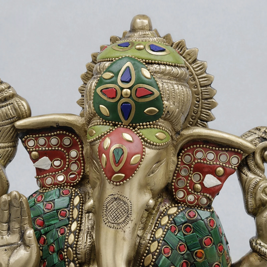 Brassauraยฎ Ganesha Resting Pose Idol with Multicolor Stone Work Finish | Pure Superfine Brass Handcrafted Murti | Brass Statue for Home Temple, Pooja Room | Height 9.5 Inches | Weight 6.7 Kgs