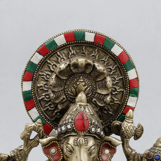 Brassaura® Raksha Ganesha Standing Idol with Fine Stonework Finish | Pure Superfine Brass Handcrafted Murti | Brass Statue for Home Temple, Pooja Room | Height 11 Inches | Weight 3.6 Kgs