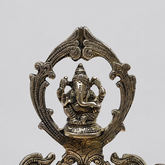 Brassaura® Ganesha Urli with Decorative Backrest and Antique Finish | Pure Superfine Brass Handcrafted Murti | Brass Statue for Home Temple, Pooja Room | Height 11 Inches | Weight 3.44 Kgs