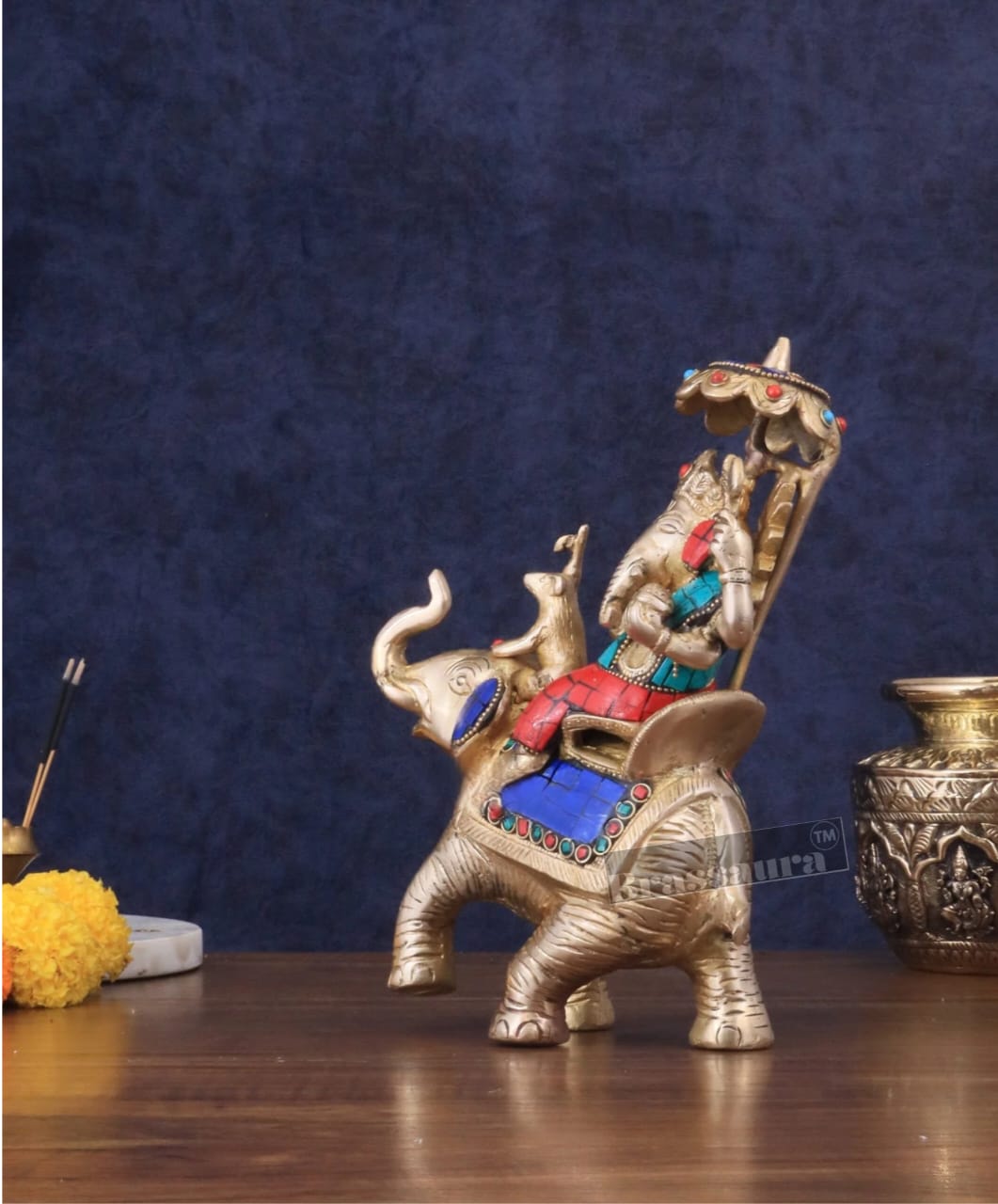 Handcrafted Brass Ganesha on Ambari with Meenakari Stonework – Height 9.5 Inches, Weight 3 Kgs