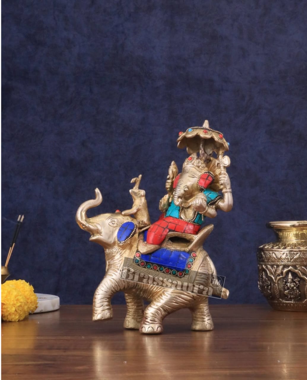 Handcrafted Brass Ganesha on Ambari with Meenakari Stonework – Height 9.5 Inches, Weight 3 Kgs
