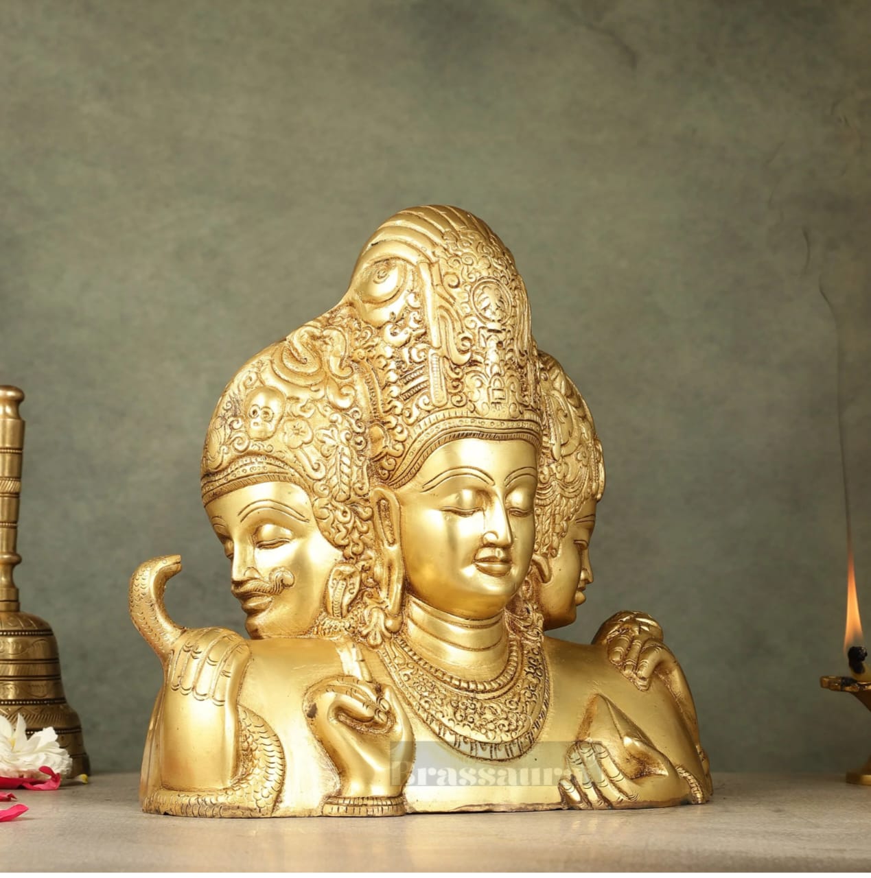 Brassaura™ Brass Superfine Trimurti Bust Statue – Brahma, Vishnu & Mahesh | 9.5 Inch, 4.6 Kgs