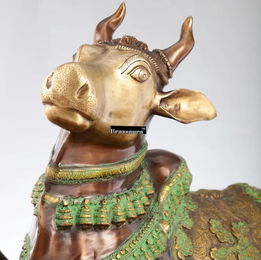 Brassaura® Antique Brass Large Nandi Sculpture – Height 21.5 Inches & Weight 30 Kgs | Traditional Temple Idol
