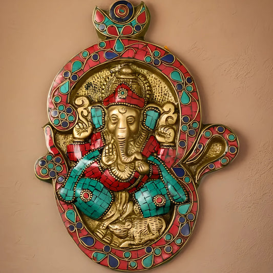 Brassaura™ Brass Ganesha Wall Hanging with Stonework | Height 9 Inches & Weight 1.36 Kgs