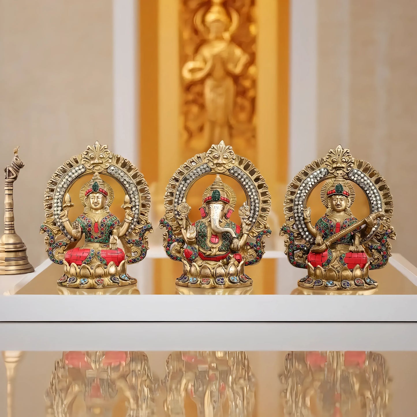 Brass Gem Stone Work Laxmi Ganesha Saraswati Murti for Home and Decor Height 9.5 Inches & Weight 10.2 Kgs