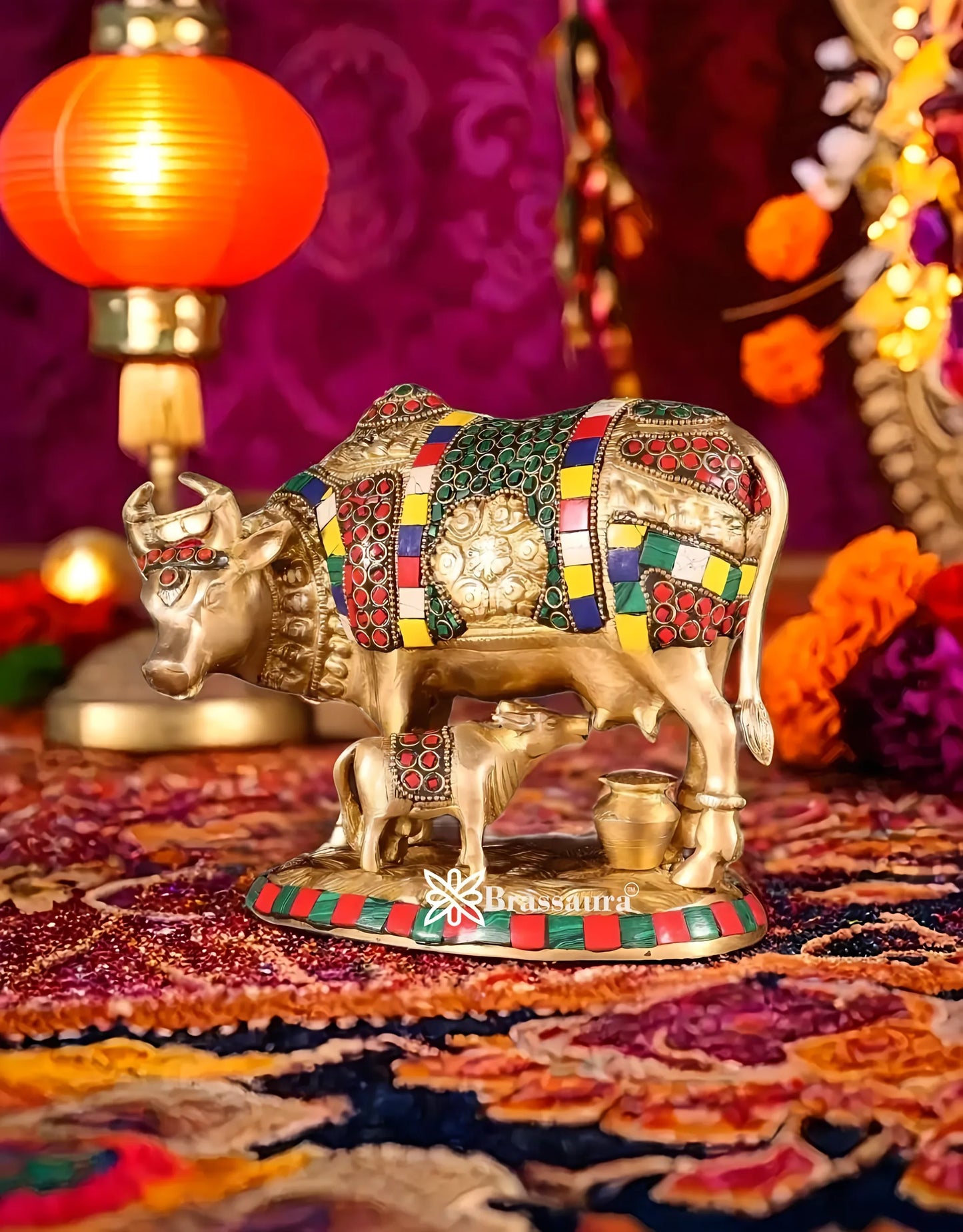Brassaura™ Brass Cow & Calf Statue with BudShiv Meenakari Stonework – Height 7 Inches & Weight 3.25 Kgs