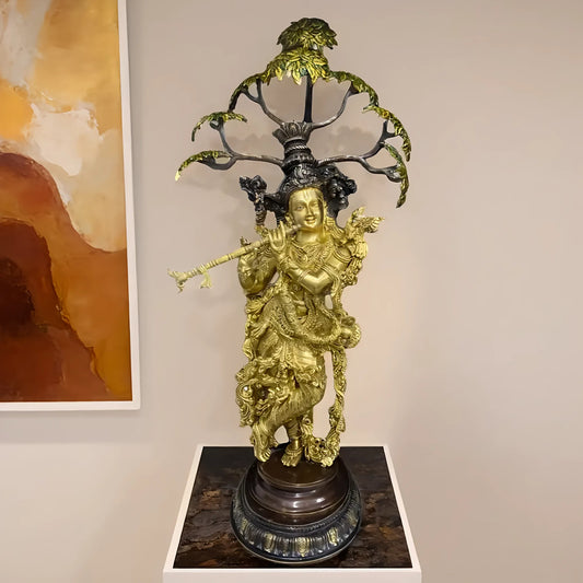 Brassaura® Lord Krishna Playing Flute Under Kadamba Tree Statue | Pure Brass Handcrafted Sculpture | Dual Tone Antique & Golden Finish | Brass Murti for Home Temple, Living Room & Spiritual Décor | Height 35 Inches | Weight 29 Kg