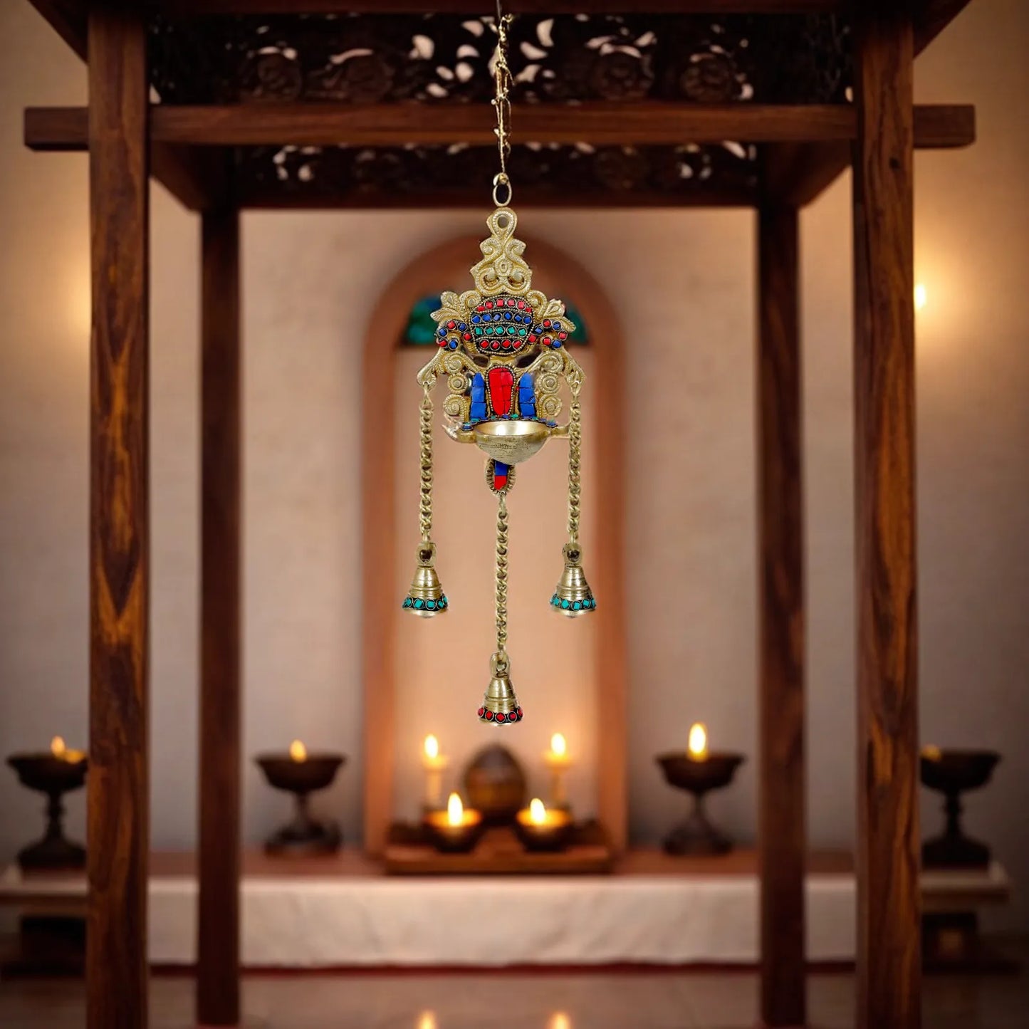 Brass Gem Stone Work Hanging Diya Vastu Decoration Weight 0.85 Kg Height 15.7 inches