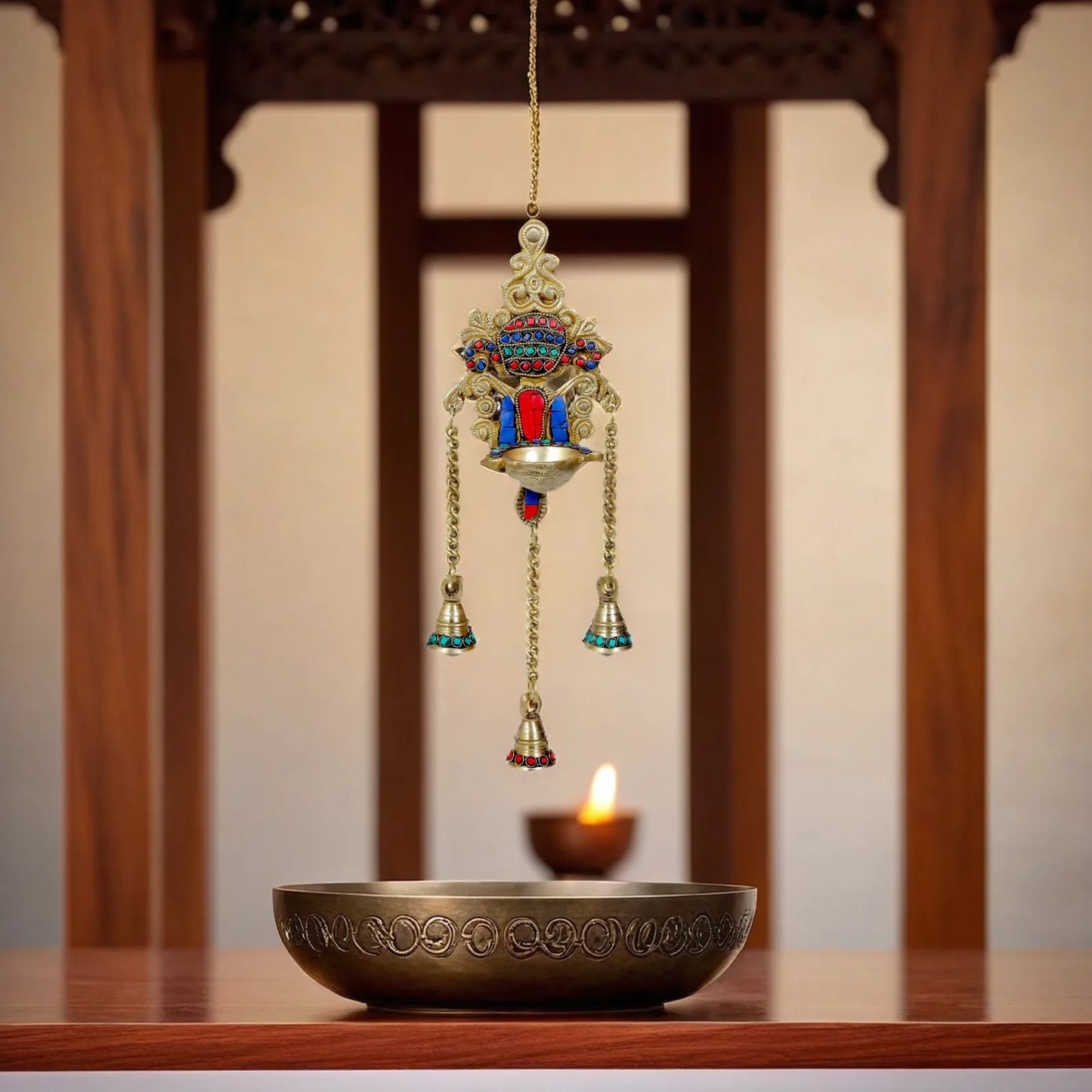 Brass Gem Stone Work Hanging Diya Vastu Decoration Weight 0.85 Kg Height 15.7 inches