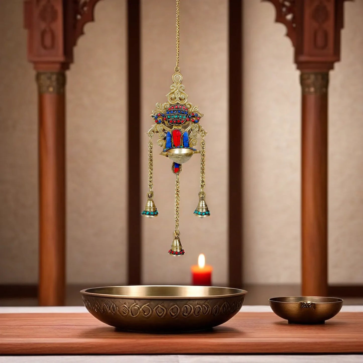 Brass Gem Stone Work Hanging Diya Vastu Decoration Weight 0.85 Kg Height 15.7 inches