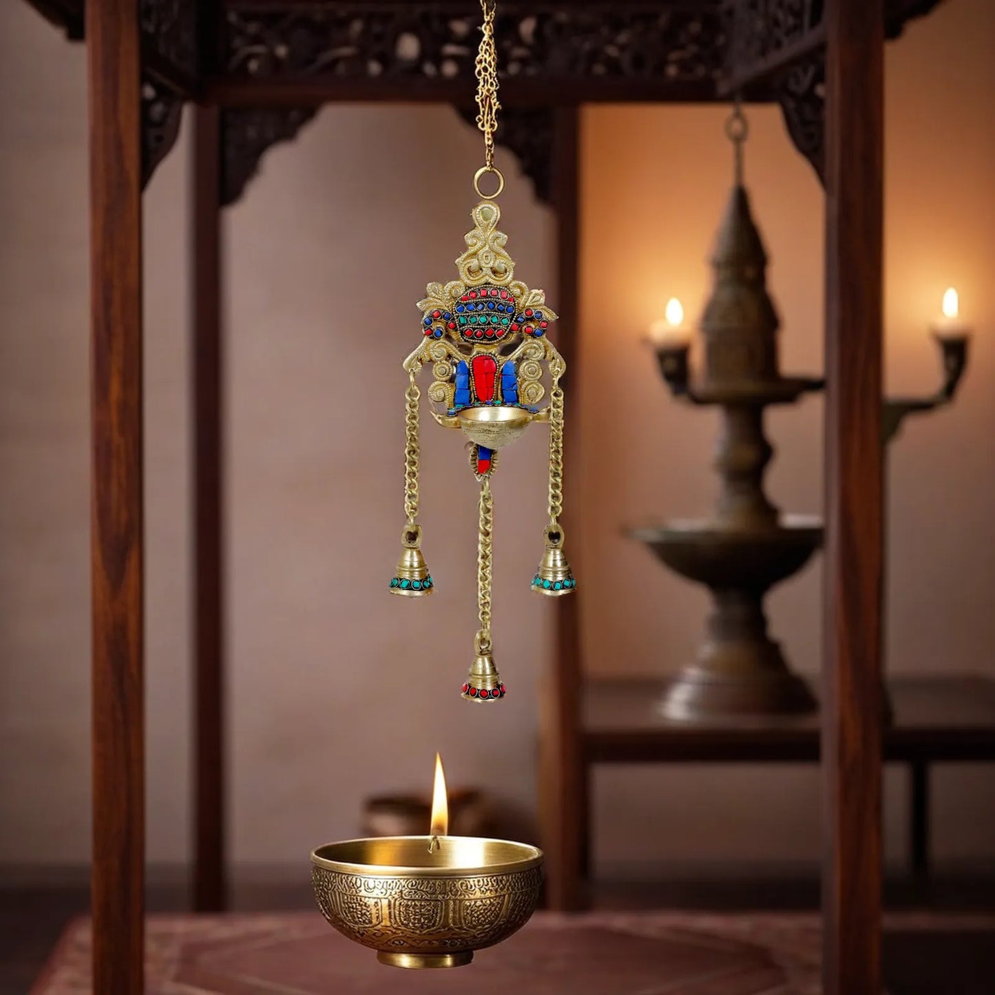 Brass Gem Stone Work Hanging Diya Vastu Decoration Weight 0.85 Kg Height 15.7 inches