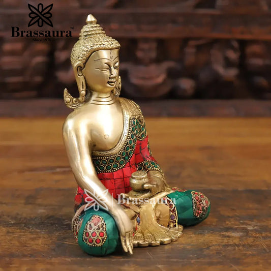 Brassaura® Colorful Buddha Idol for Home & Décor | Pure Superfine Brass Handcrafted Murti, Brass Statue for Home Temple, Pooja Room | Height 8 Inches | Weight 2.32 Kg