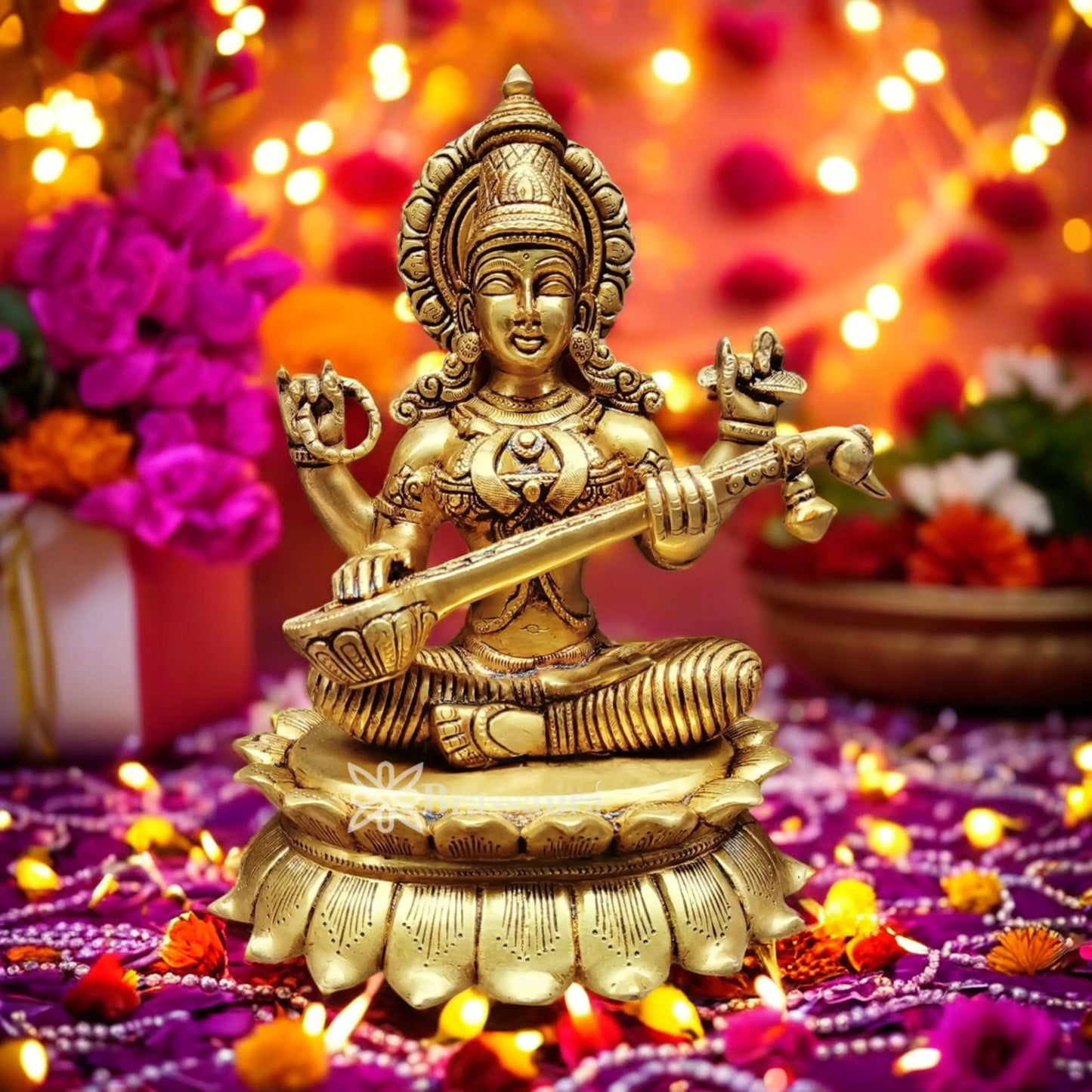 Brassaura™ Classic Brass Saraswati Murti – Height 11 Inches & Weight 5 Kgs | Sacred Home Accent