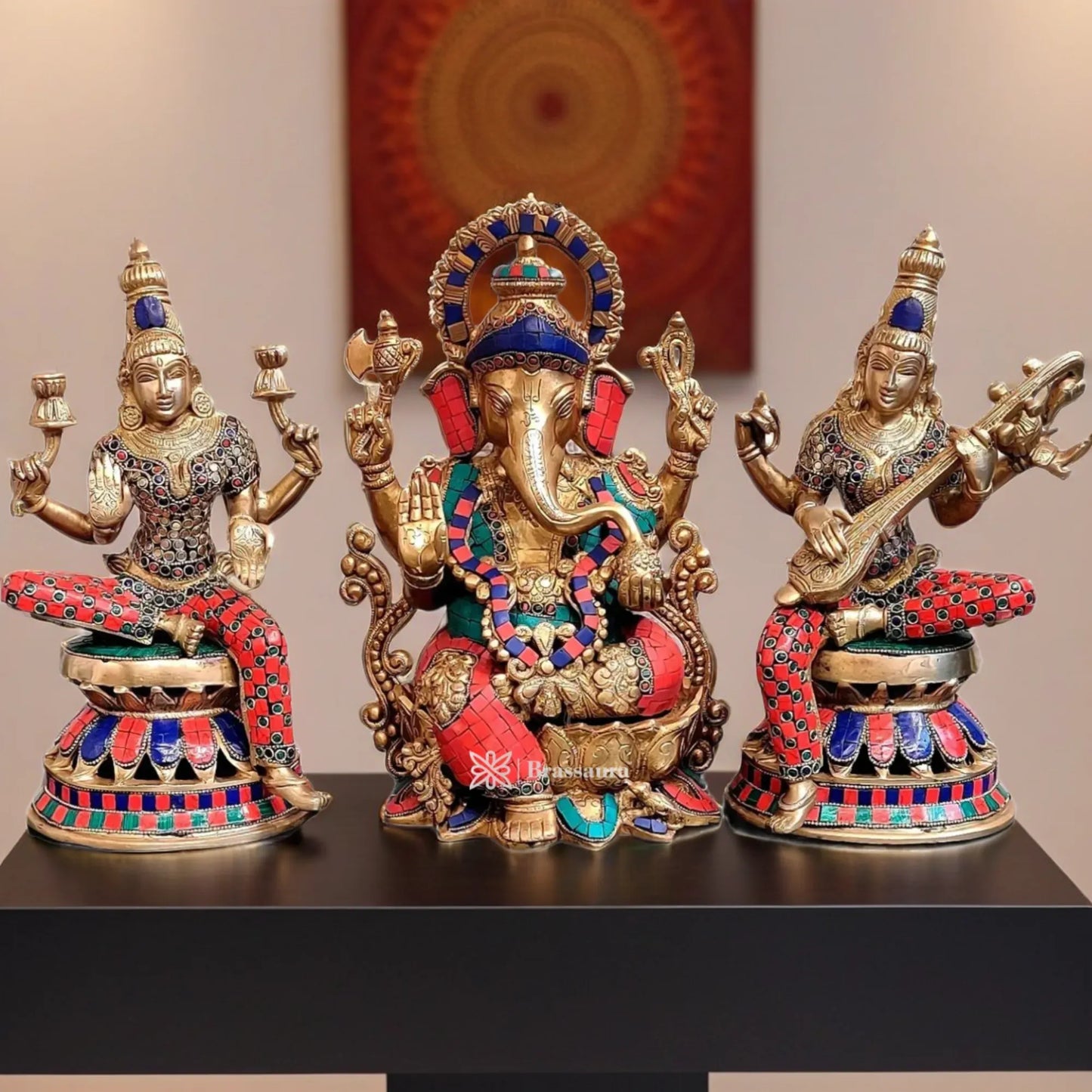 Brass Gem Stone Work Laxmi Ganesha Saraswati Murti for Home and Decor Height 12 Inches & Weight 20 Kgs