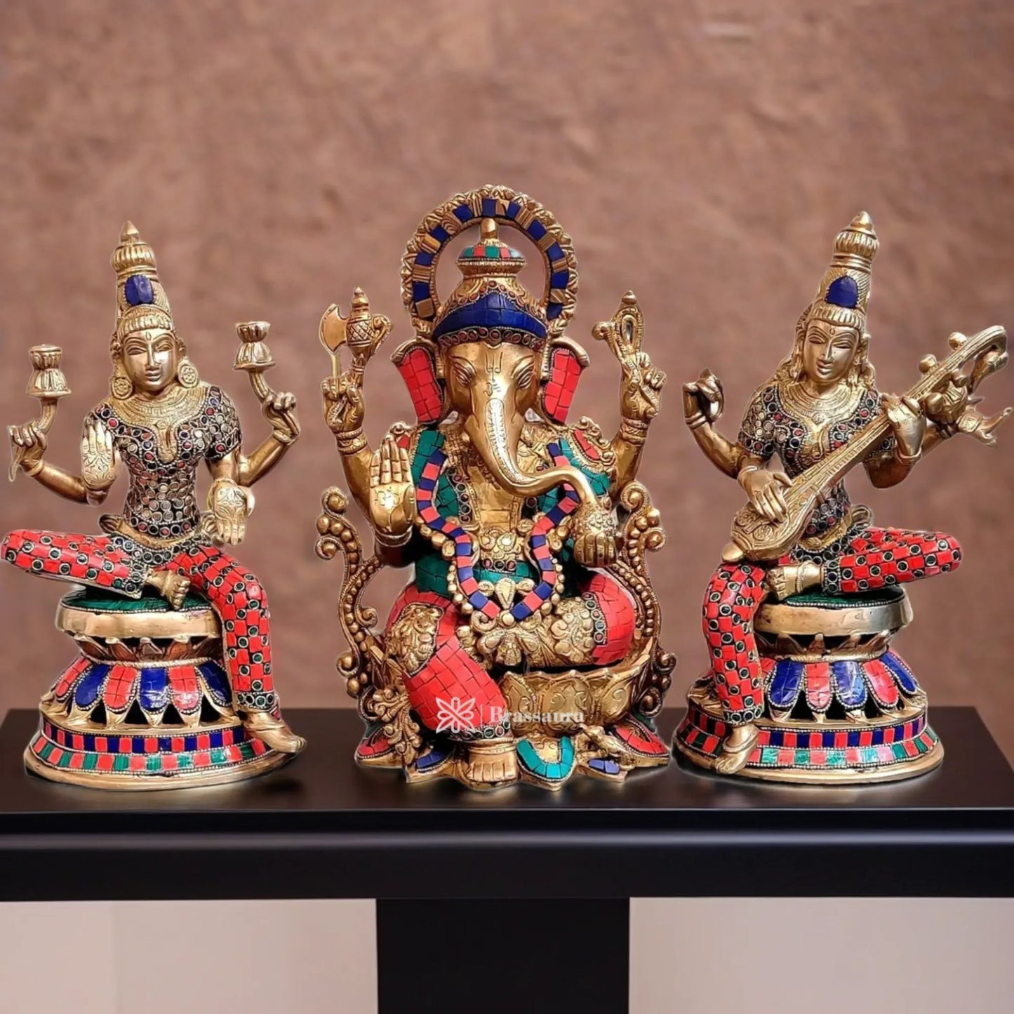 Brass Gem Stone Work Laxmi Ganesha Saraswati Murti for Home and Decor Height 12 Inches & Weight 20 Kgs