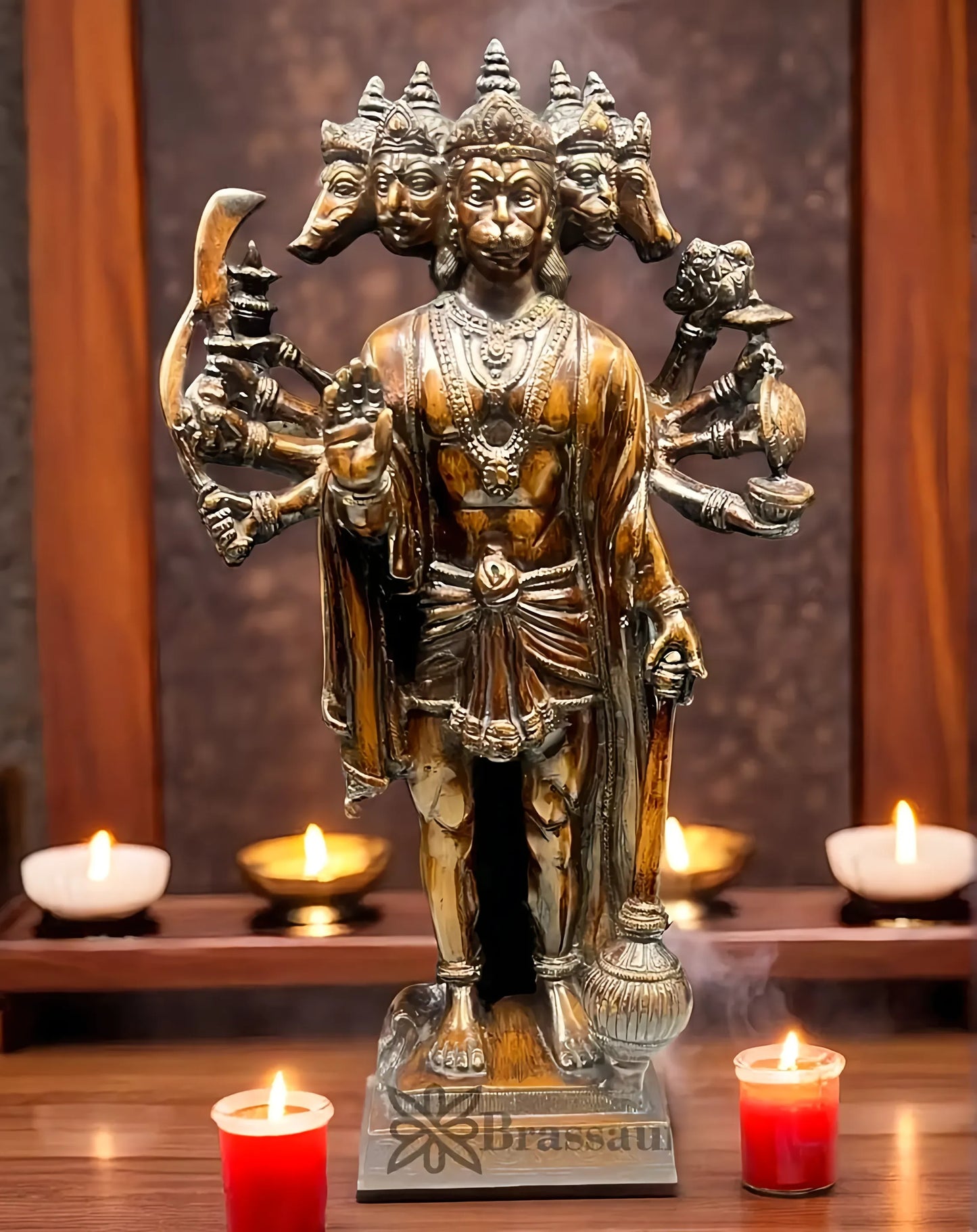 Brassaura™ Handcrafted Superfine Brass Panchmukhi Hanuman Idol – Height 14 Inches & Weight 5.5 Kgs | Intricately Engraved Base