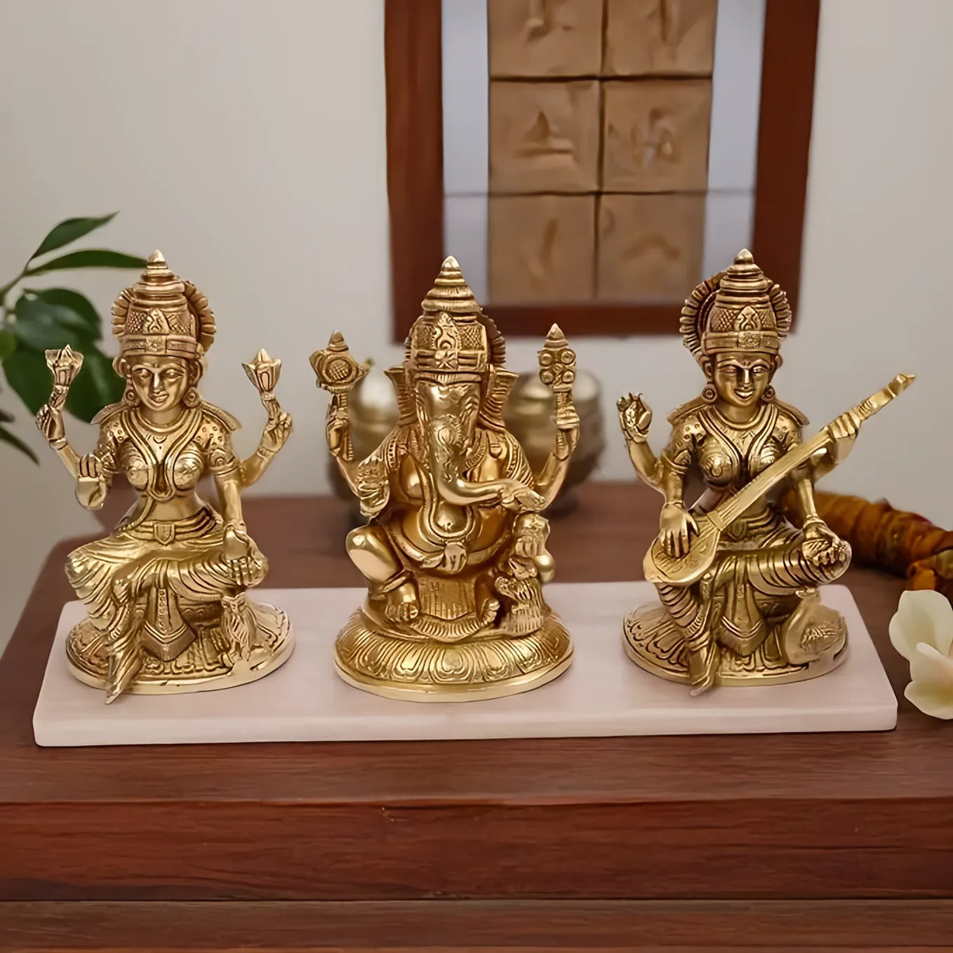 Brassaura™ Brass Laxmi Ganesha Saraswati Idol – Height 7.2 Inches & Weight 4.8 Kgs | Hindu Devotional Idol