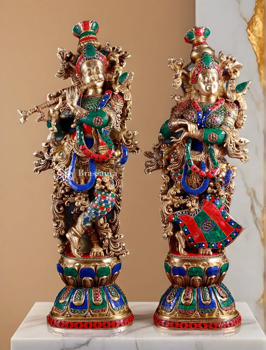 Brassaura™ Handcrafted Brass Radha Krishna Idol Pair with Meenakari – Height 29.5 & 29 Inches & Weight 33 Kgs | Elegant Devotional Statue