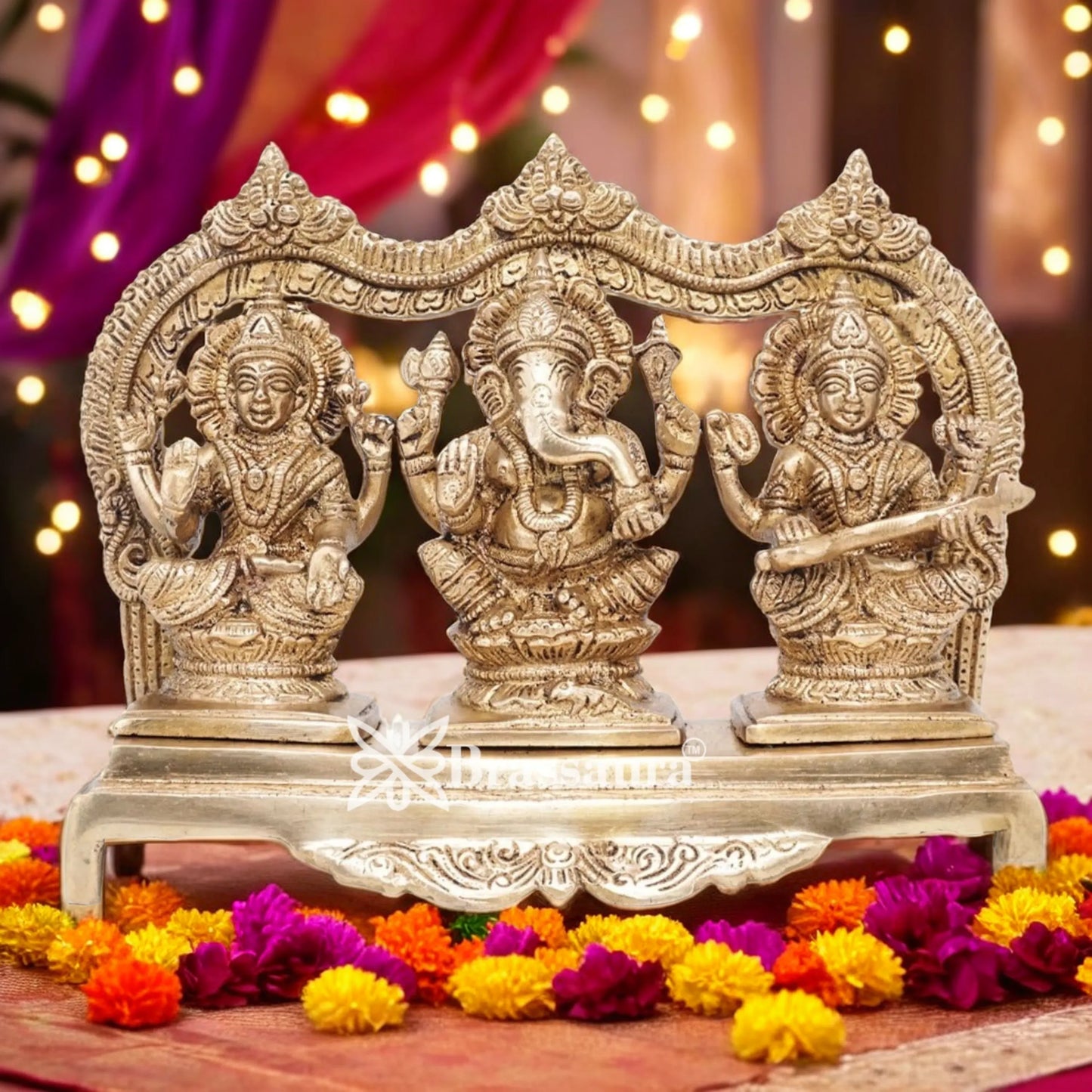 Brassaura™ Artistic Brass Laxmi Ganesha Saraswati Idol – Height 7 Inches & Weight 3.8 Kgs | Spiritual Home Décor