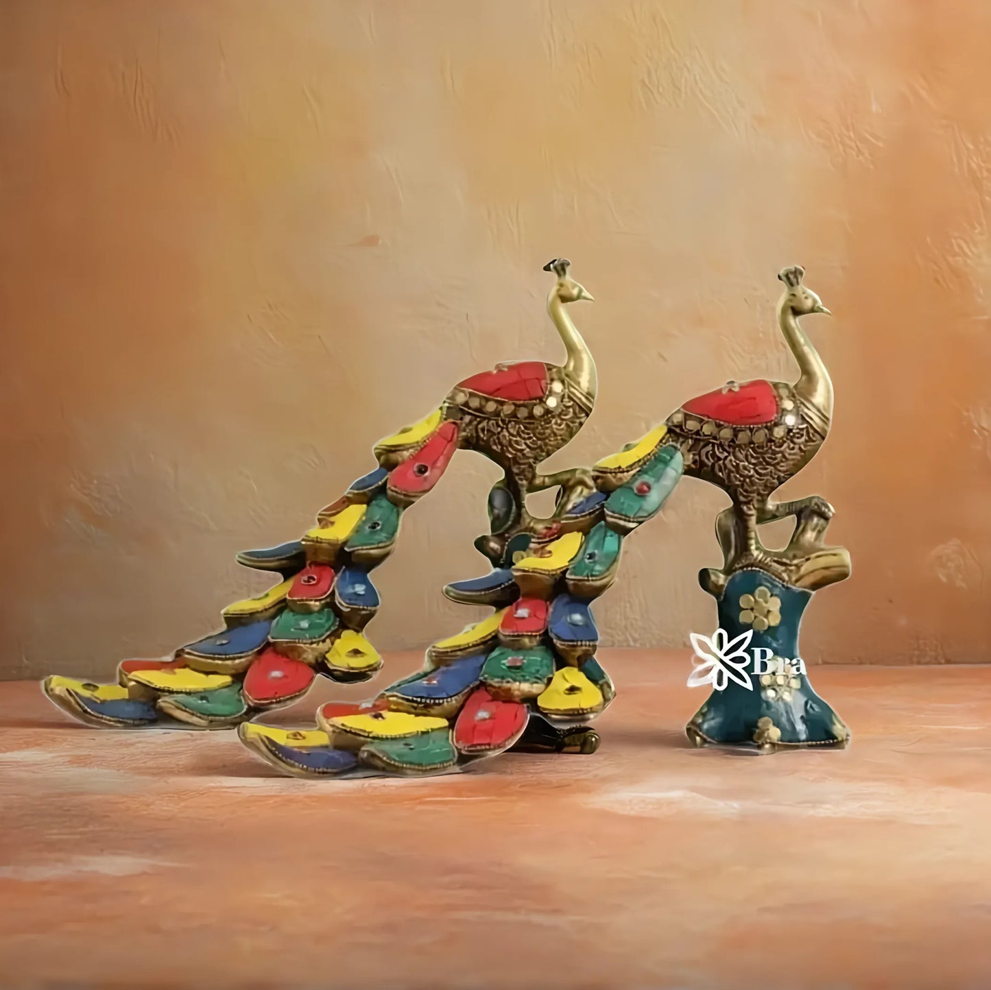 Brassaura™ Brass Peacock Table Accent Pair with Meenakari Stonework – Height 8.5 Inches Each & Total Weight 5 Kgs