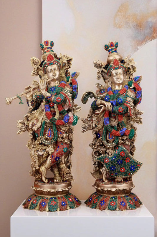 Brassaura™ Pure Brass Radha Krishna Statue with Triple-Layered Meenakari – Height 27 Inches & Weight 40 Kgs | Majestic Devotional Idol