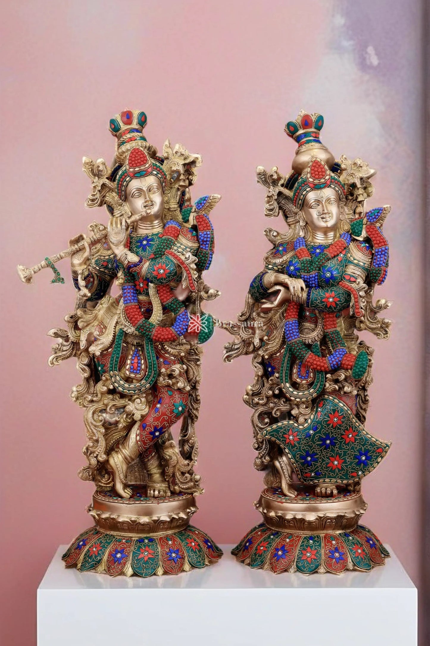 Brassaura™ Pure Brass Radha Krishna Statue with Triple-Layered Meenakari – Height 27 Inches & Weight 40 Kgs | Majestic Devotional Idol