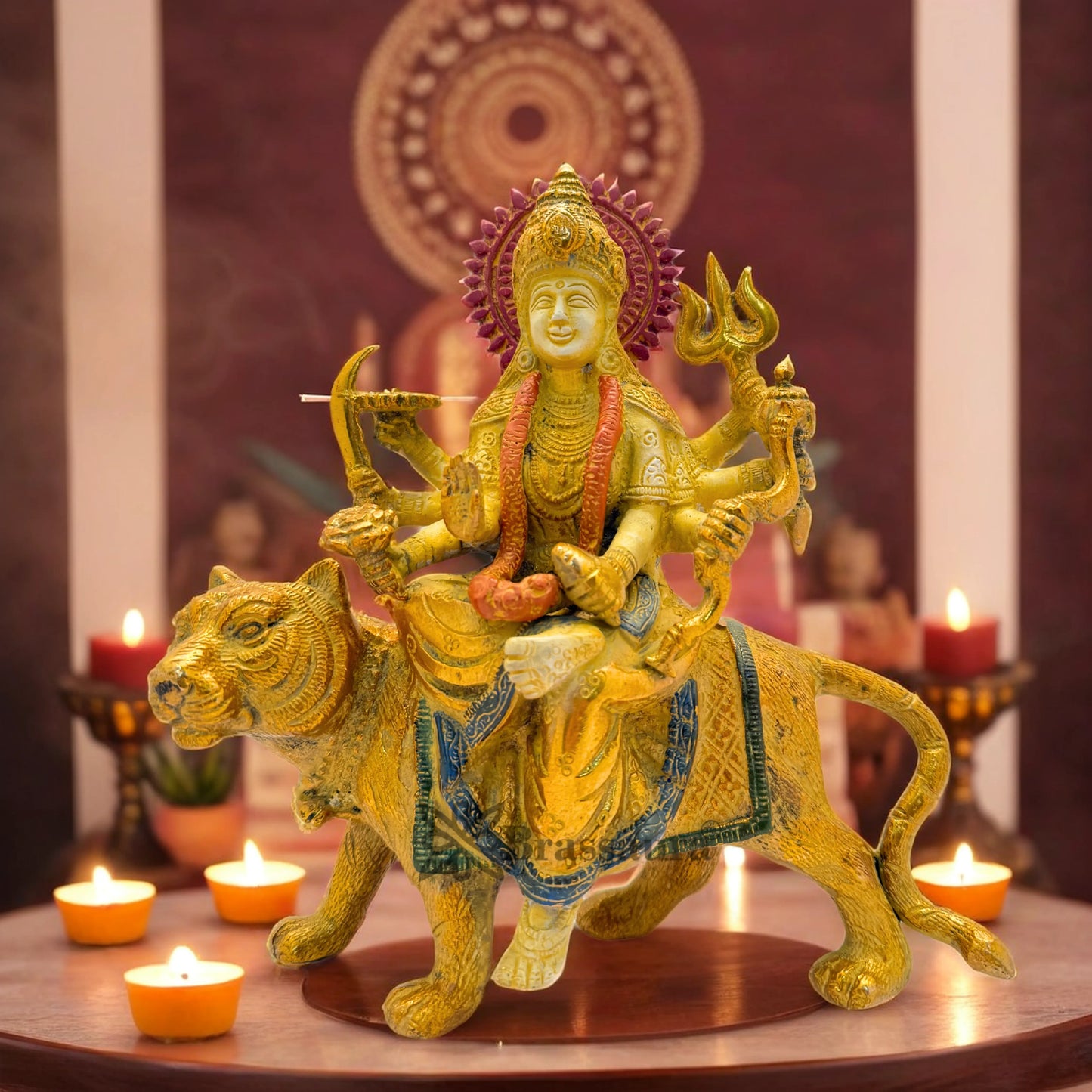 Brassaura™ Brass Multi Colored White & Gold Patina Finish Durga Height 3.5 Inches & Weight 3 Kgs