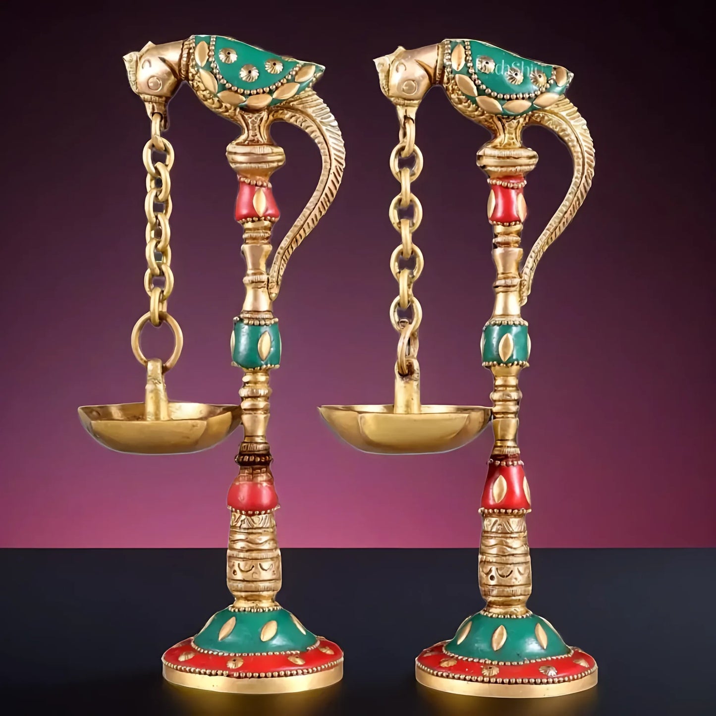 Brassaura™ Brass Parrot Oil Lamps with Stonework – Height 7 Inches | Pair of Traditional Lamps, 1 Kg