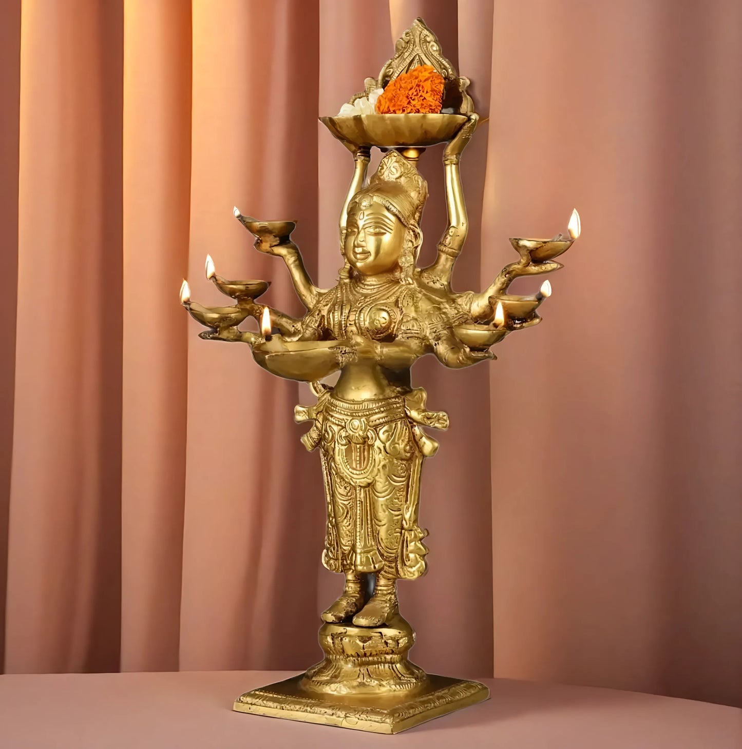 Brassaura™ Brass Deep Lakshmi Idol with Ten Hands – Height 15 Inches | Handcrafted Goddess Statue, 4 Kgs
