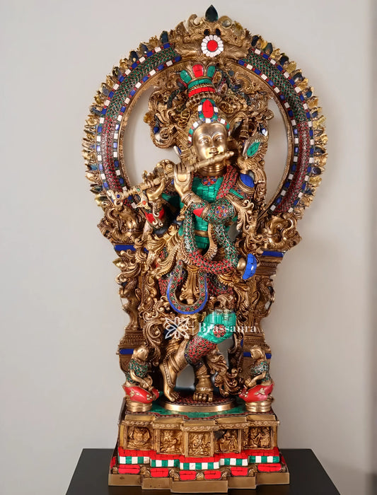 BrassAura™ Pure Superfine Brass Krishna Statue with Large Prabhavali Frame – Intricate Stonework | Height 33 Inch | Weight 35 Kg