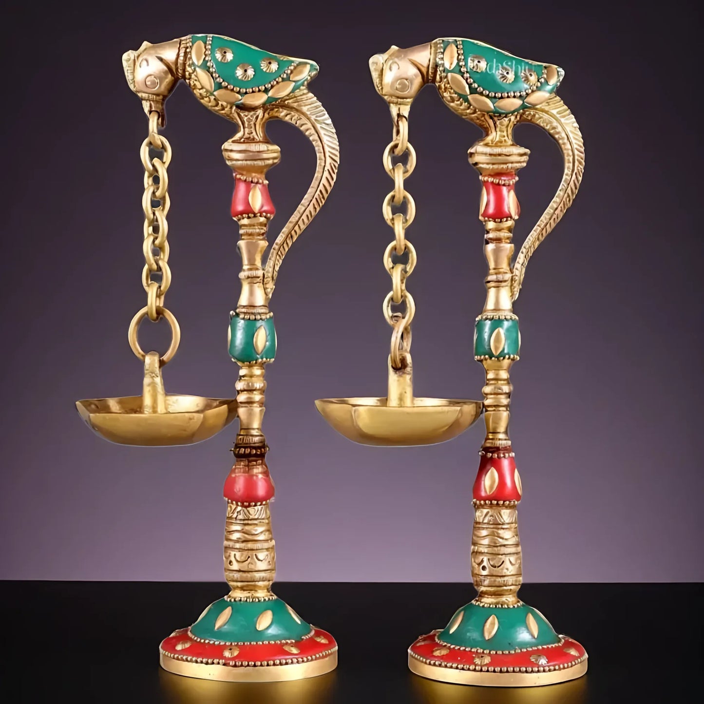 Brassaura™ Brass Parrot Oil Lamps with Stonework – Height 7 Inches | Pair of Traditional Lamps, 1 Kg